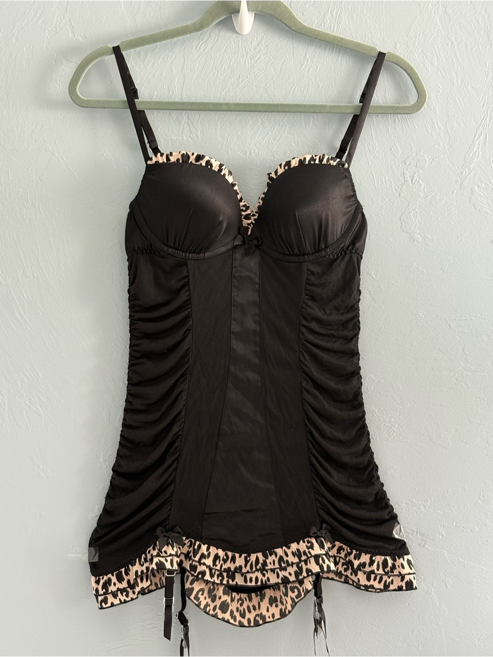 Victoria's Secret Sexy Black Chemise with Leopard Trim with Garters 36B